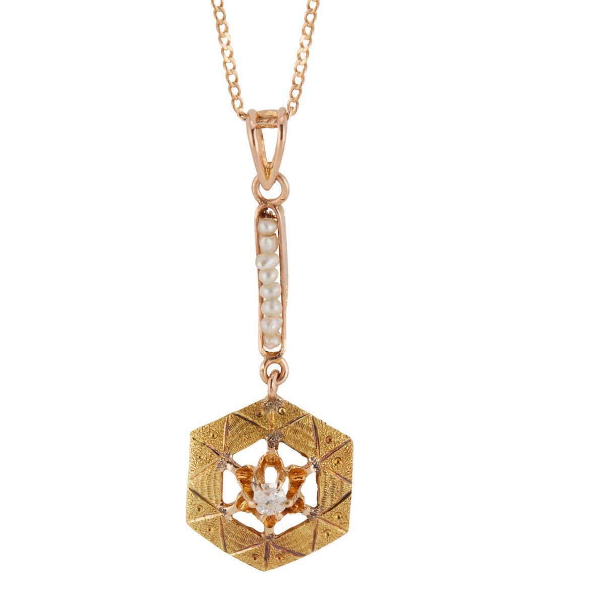 Vintage Estate Pink Gold .025ct Diamond 8 Natural Pearl 10k Retro Deco Pendant