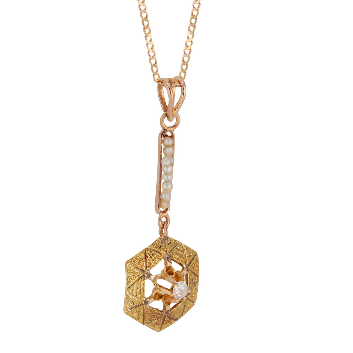 Vintage Estate Pink Gold .025ct Diamond 8 Natural Pearl 10k Retro Deco Pendant – image 2