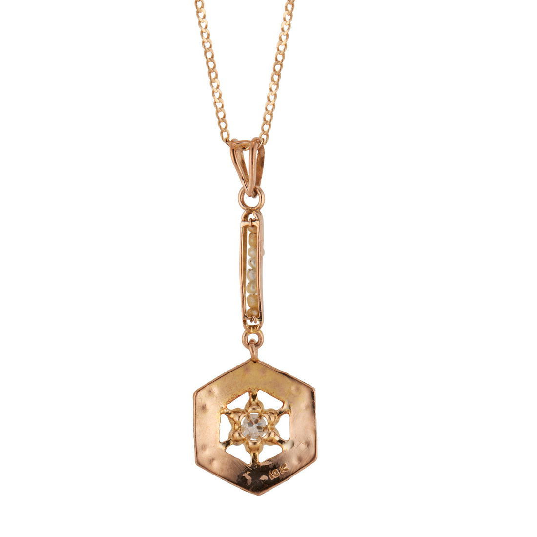 Vintage Estate Pink Gold .025ct Diamond 8 Natural Pearl 10k Retro Deco Pendant – image 5