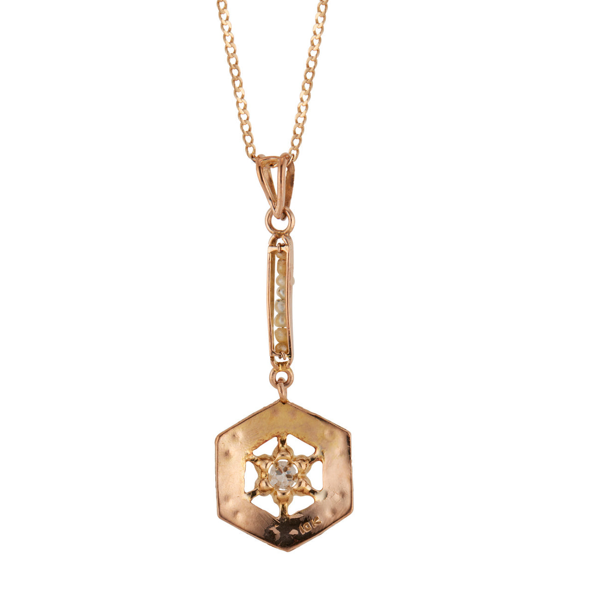 Vintage Estate Pink Gold .025ct Diamond 8 Natural Pearl 10k Retro Deco Pendant – image 5