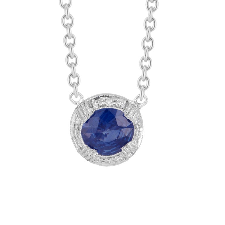 GIA .88 Carat Cornflower Blue Sapphire Diamond Halo Platinum Pendant Necklace – image 2