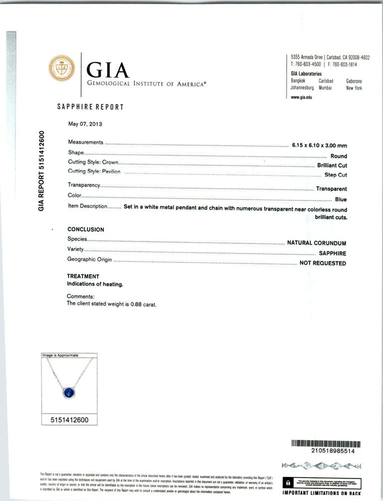 GIA .88 Carat Cornflower Blue Sapphire Diamond Halo Platinum Pendant Necklace – image 3