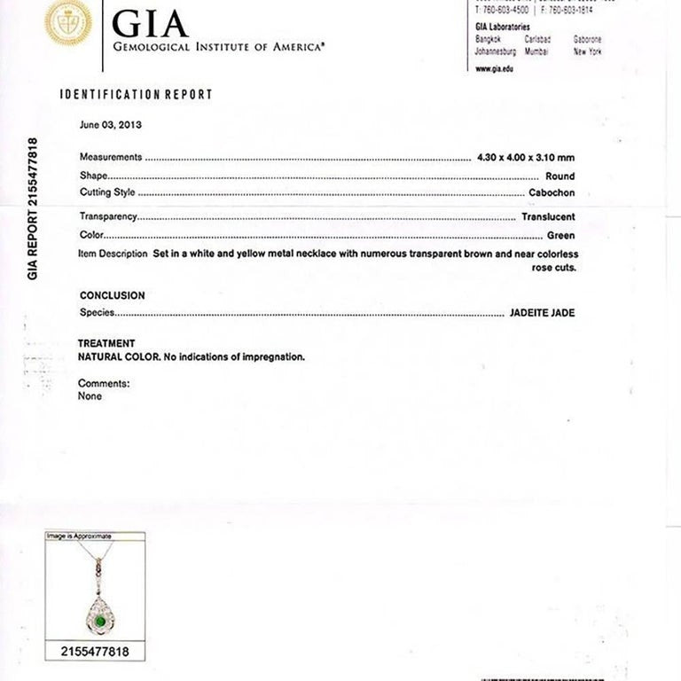 GIA Certified Natural Jade Diamond Platinum Gold Victorian Pendant Necklace – image 3