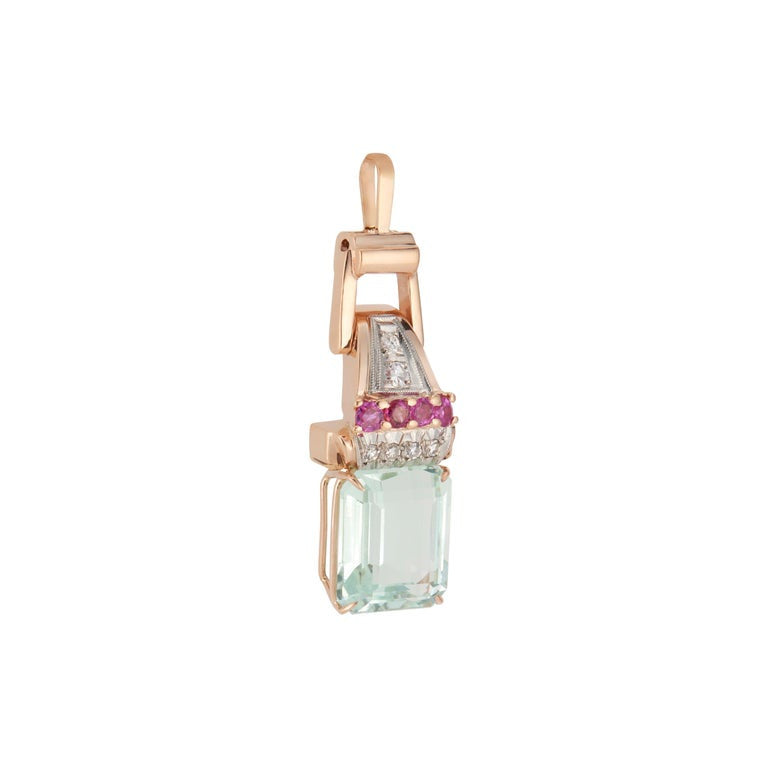 10.17 Carat Natural Aqua Ruby Diamond 14k Rose Gold Retro Art Deco Pendant – image 3