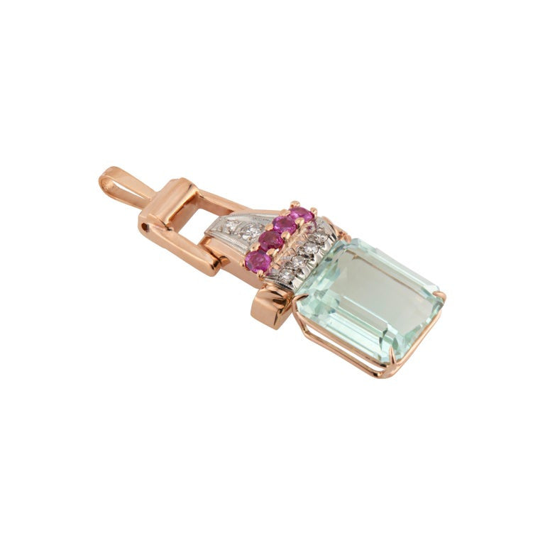 10.17 Carat Natural Aqua Ruby Diamond 14k Rose Gold Retro Art Deco Pendant – image 5