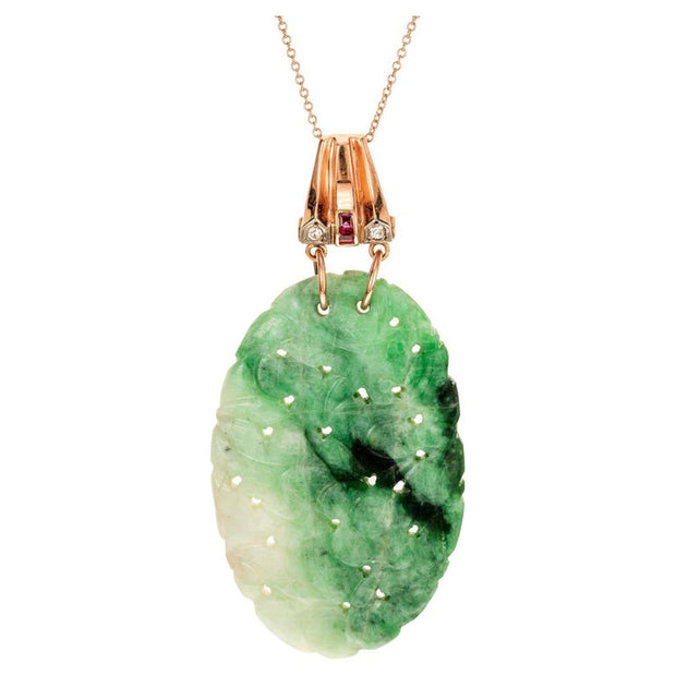 GIA Certified 43.79 Carat Jadeite Jade Ruby Diamond Pendant Necklace