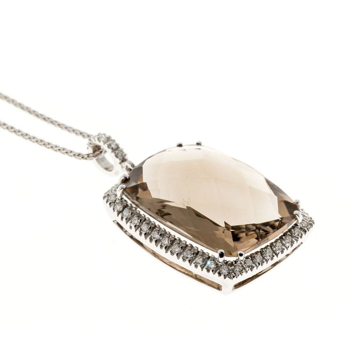 Vintage 24.00ct Smoky Cushion Quartz 18k White Gold Diamond Necklace – image 4