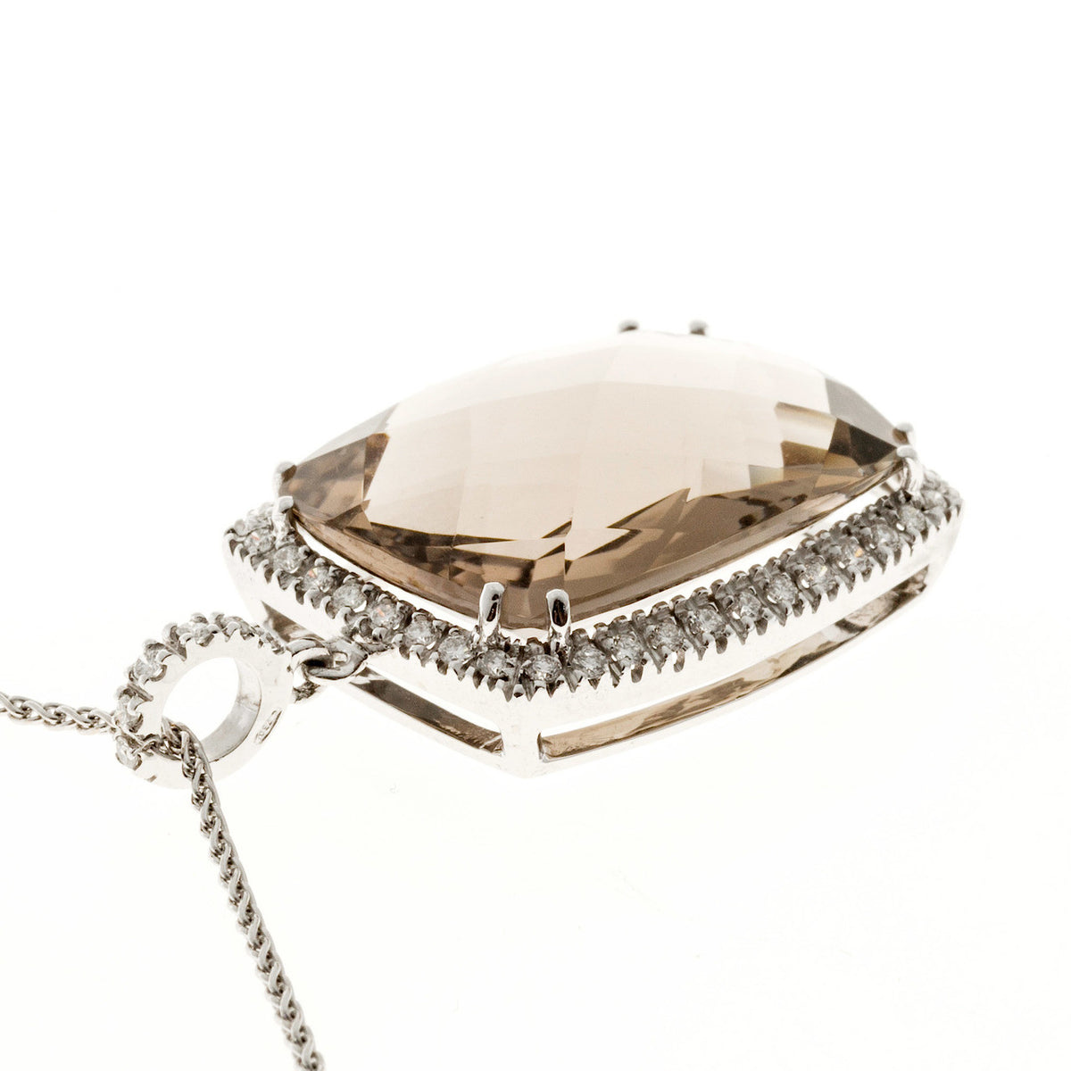 Vintage 24.00ct Smoky Cushion Quartz 18k White Gold Diamond Necklace – image 6