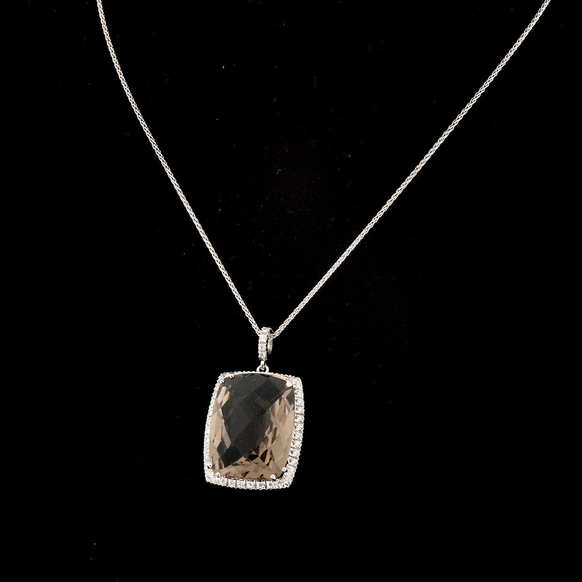 Vintage 24.00ct Smoky Cushion Quartz 18k White Gold Diamond Necklace – image 8