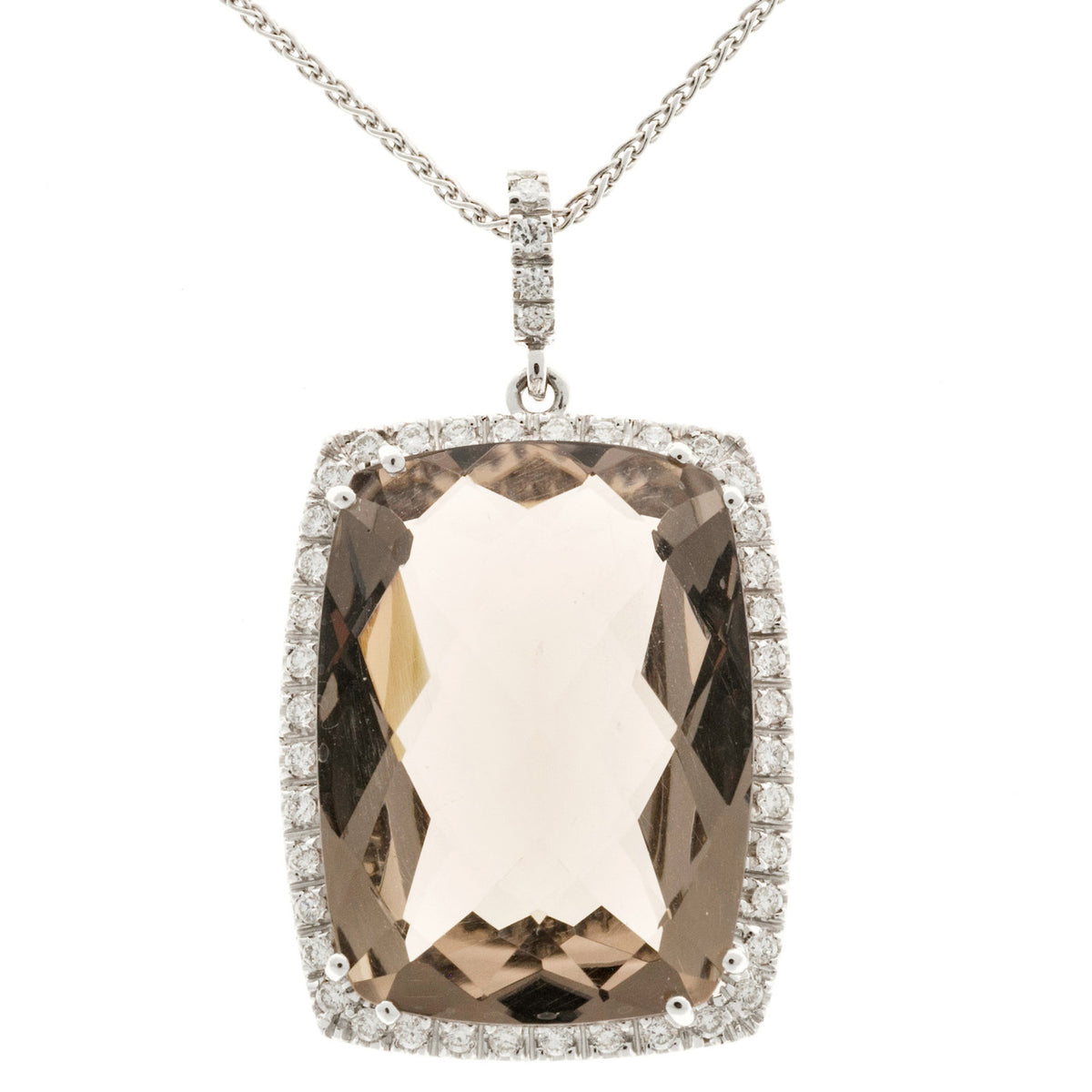 Vintage 24.00ct Smoky Cushion Quartz 18k White Gold Diamond Necklace