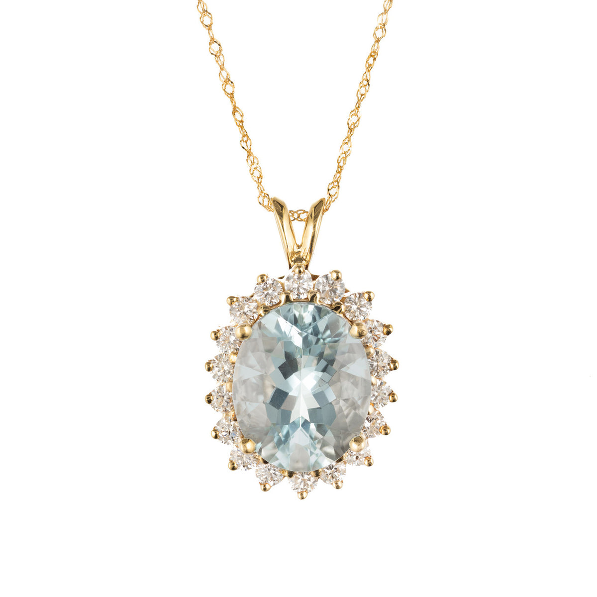 Vintage 6.75ct Extra Fine Untreated Aqua 18k Yellow Gold Diamond Pendant