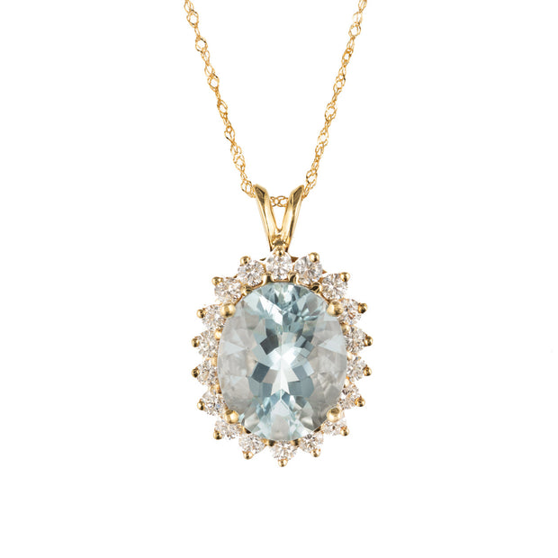 Vintage 6.75ct Extra Fine Untreated Aqua 18k Yellow Gold Diamond Pendant