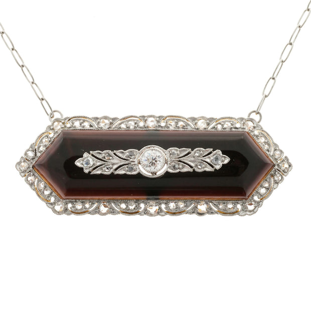 Victorian 18k Yellow Gold Platinum Onyx Rose Old Mine Diamond Pendant Necklace