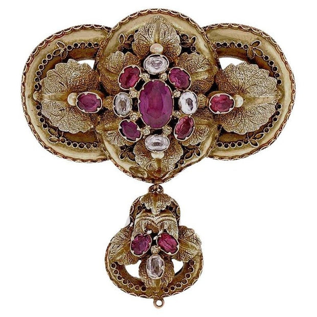 GIA Antique Georgian 1830's Natural Garnet Beryl Yellow Gold Patina Brooch