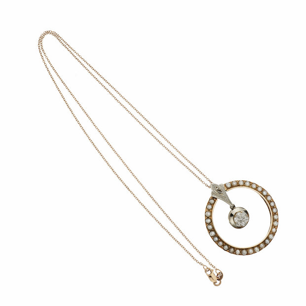 Retro .12 Carat Diamond Pearl Rose Gold Pendant Necklace