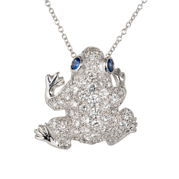 1.50 Carat Diamond Sapphire White Gold Pavé Frog Pin Pendant Necklace