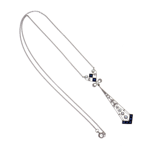 Art Deco .70 Carat Blue Sapphire Diamond Pearl Platinum Necklace