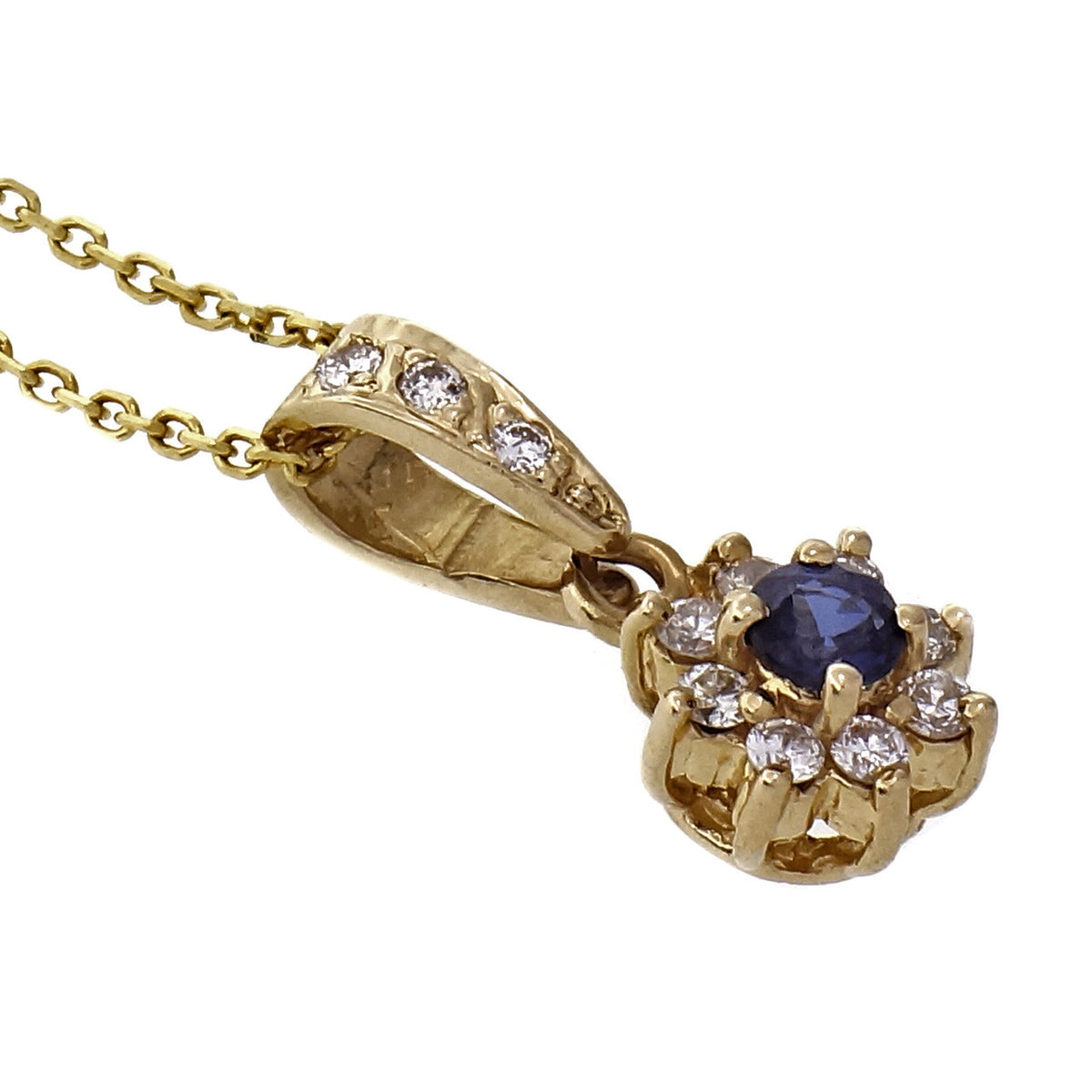Sapphire Diamond Halo 14k Yellow Gold Pendant Necklace – image 3