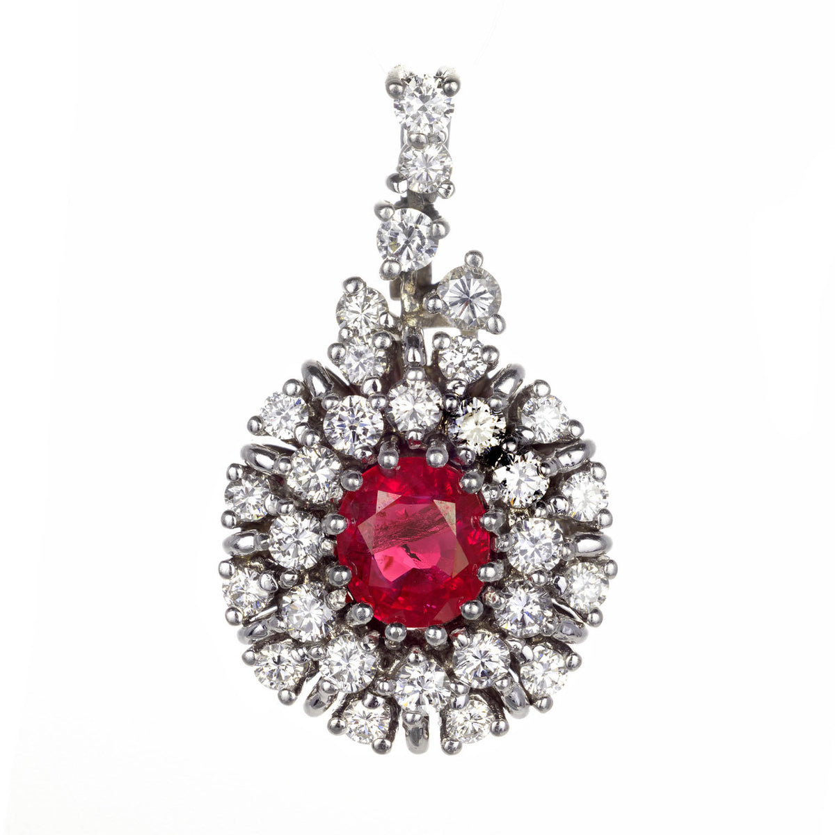 1.12ct Oval Ruby Diamond Halo Cluster 18k White Gold Pendant
