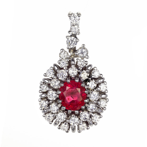1.12ct Oval Ruby Diamond Halo Cluster 18k White Gold Pendant