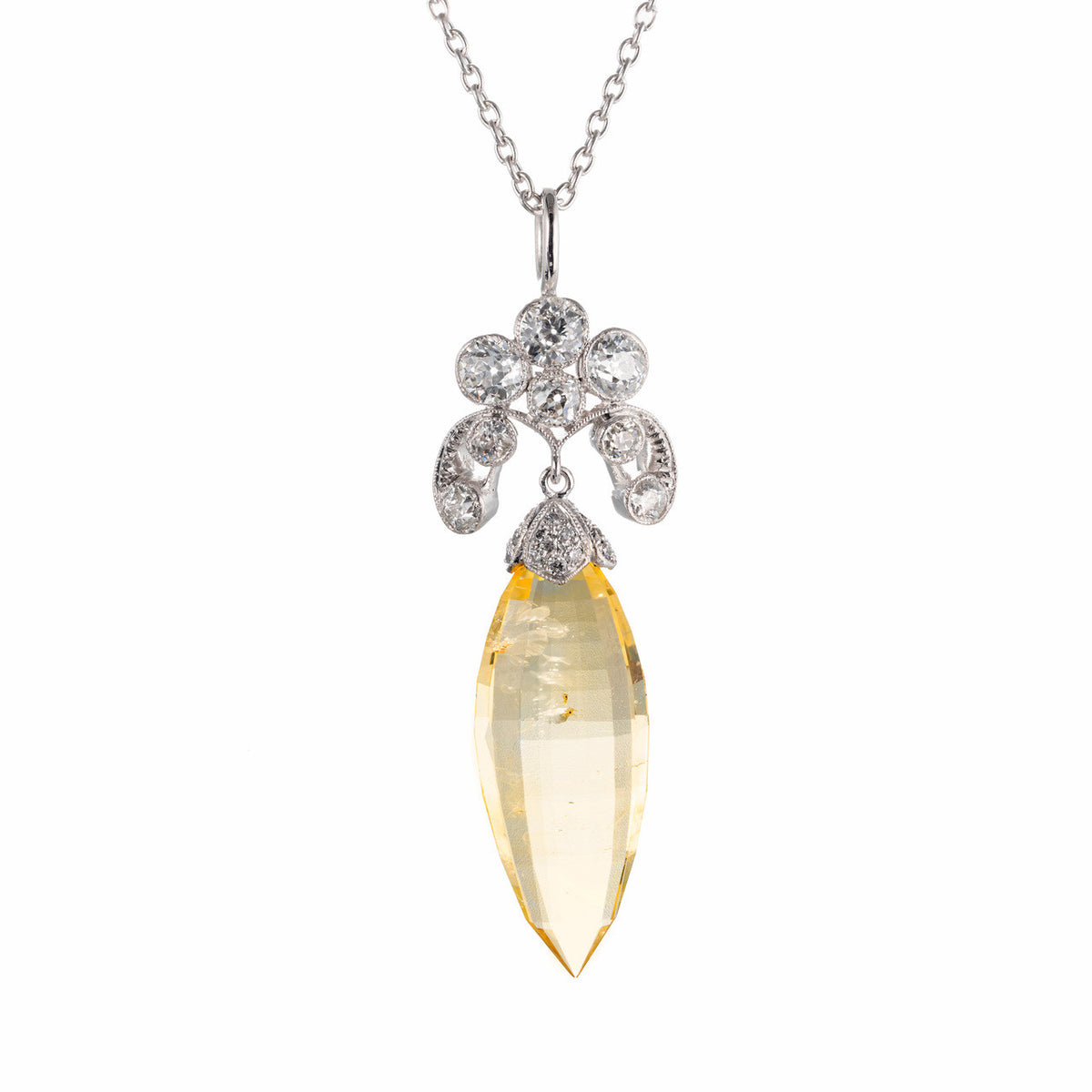 Gia Certified 13.78 Carat Yellow Sapphire Diamond Platinum Art Deco Pendant Neck