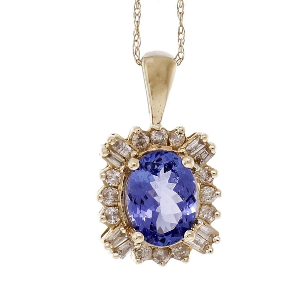 Estate Oval Tanzanite Diamond Pendant 14k Yellow Gold