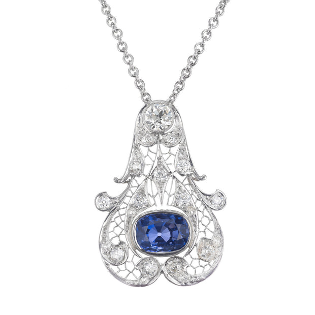 GIA Certified 5.07 Blue Sapphire Diamond Platinum Art Deco Pendant Necklace
