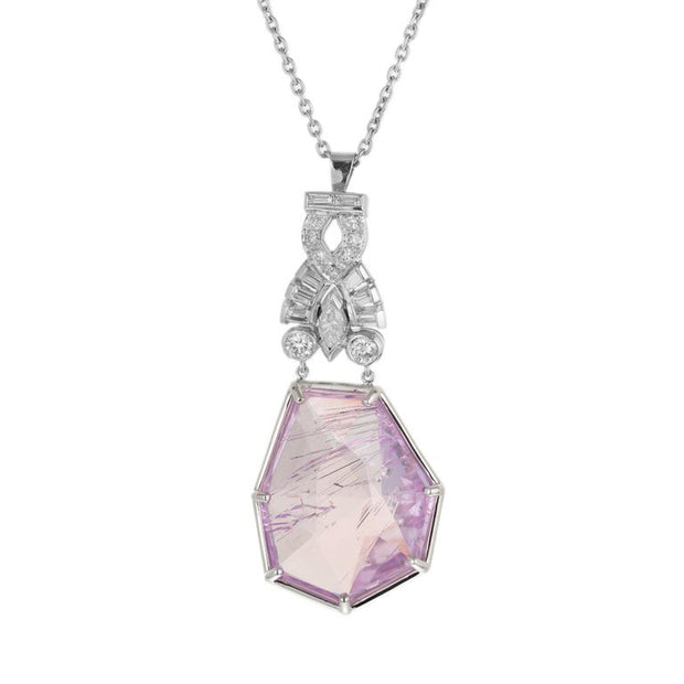 15.00 Carat Geometric Kunzite Diamond Platinum Art Deco Pendant Necklace