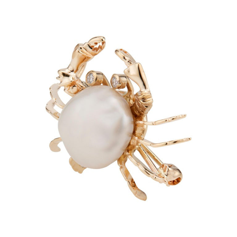 .50 Carat Diamond Pearl Yellow Gold Crab Brooch Pendant – image 3