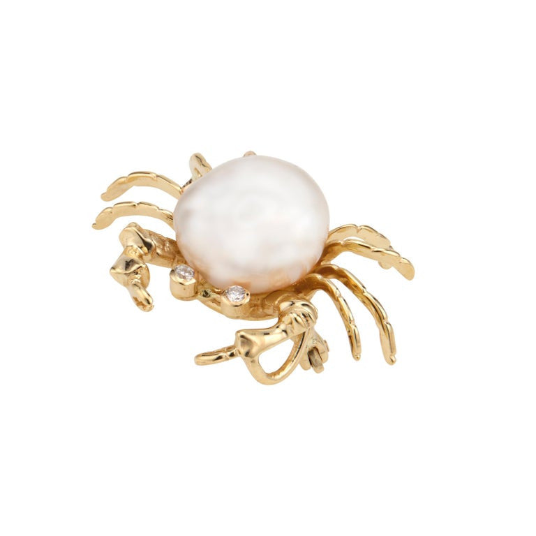 .50 Carat Diamond Pearl Yellow Gold Crab Brooch Pendant – image 5