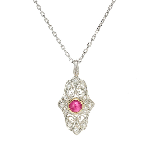 .50 Carat Round Cabochon Ruby Diamond Pierced Engraved Platinum Pendant Necklace