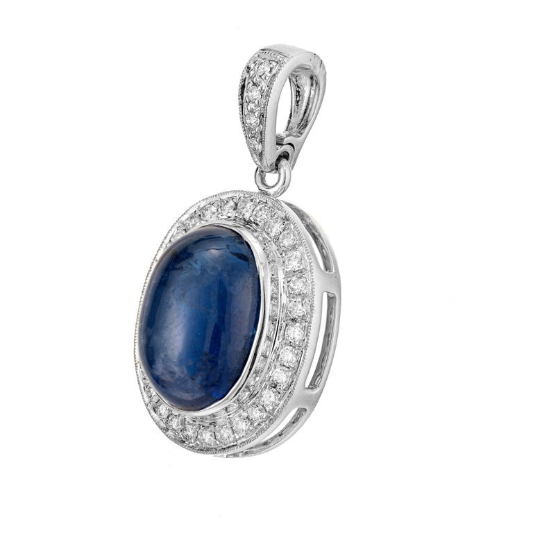 Cabochon Ceylon Oval Sapphire & Round Diamond Pendant 18k White Gold – image 2