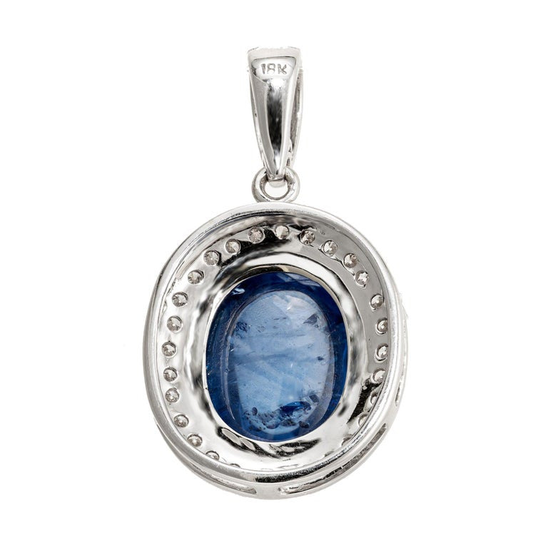 Cabochon Ceylon Oval Sapphire & Round Diamond Pendant 18k White Gold – image 3