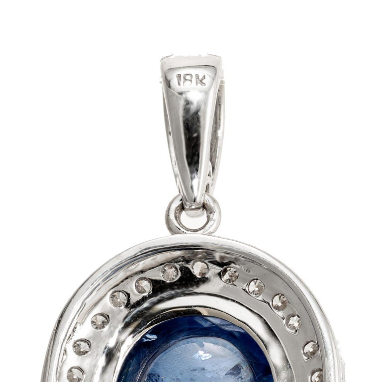 Cabochon Ceylon Oval Sapphire & Round Diamond Pendant 18k White Gold – image 4