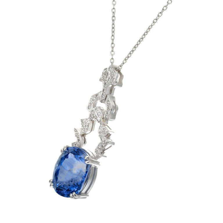 GIA 6.65 Carat Oval Sapphire Diamond Art Deco Platinum Pendant Necklace – image 2
