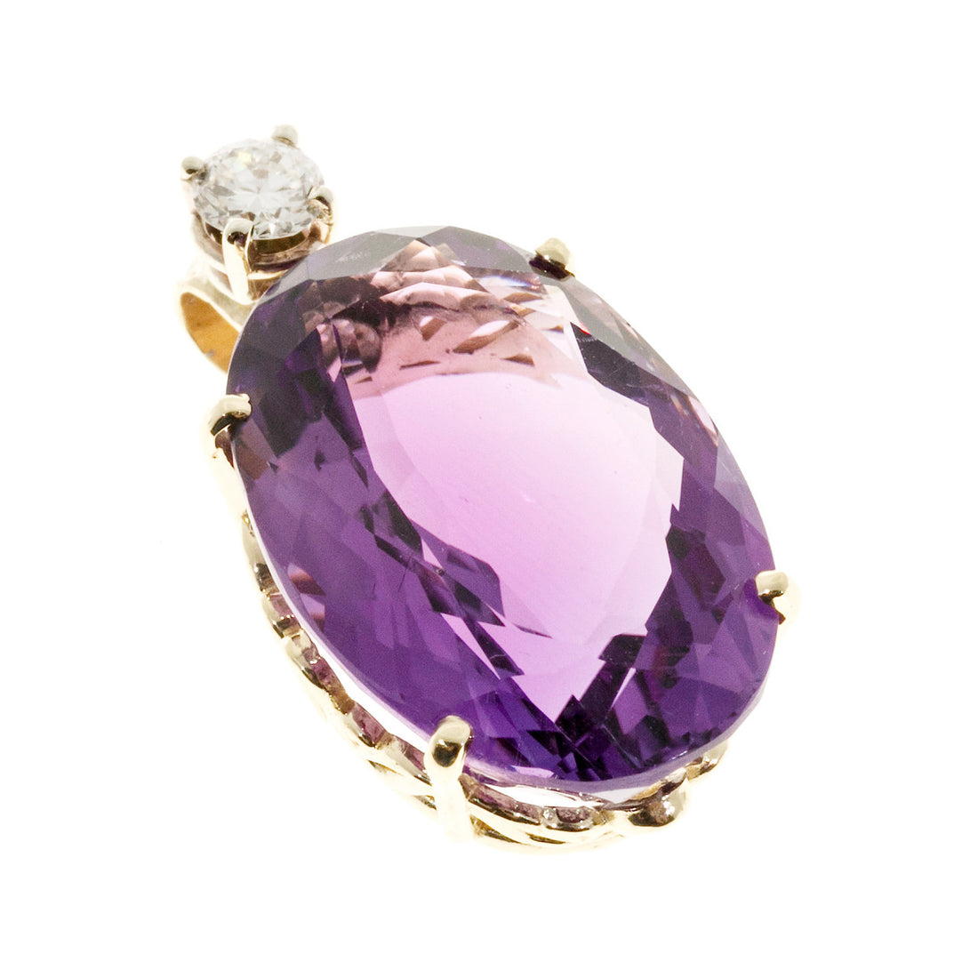 Vintage 23.62CT Fine Bright Clear Amethyst Filigree Diamond Pendant 14K Gold – image 6