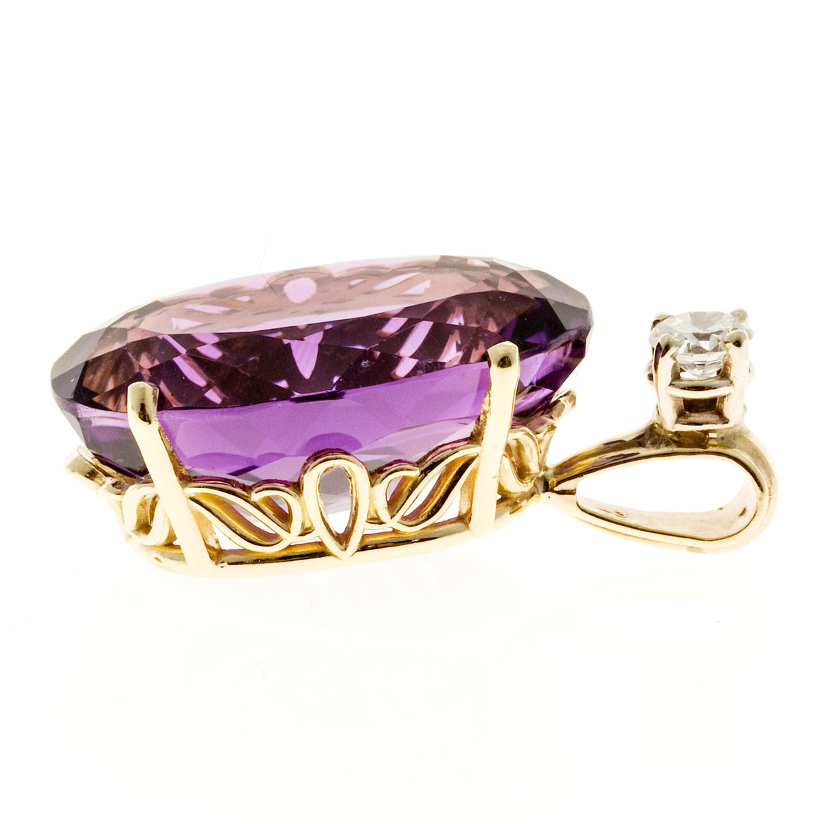 Vintage 23.62CT Fine Bright Clear Amethyst Filigree Diamond Pendant 14K Gold – image 3