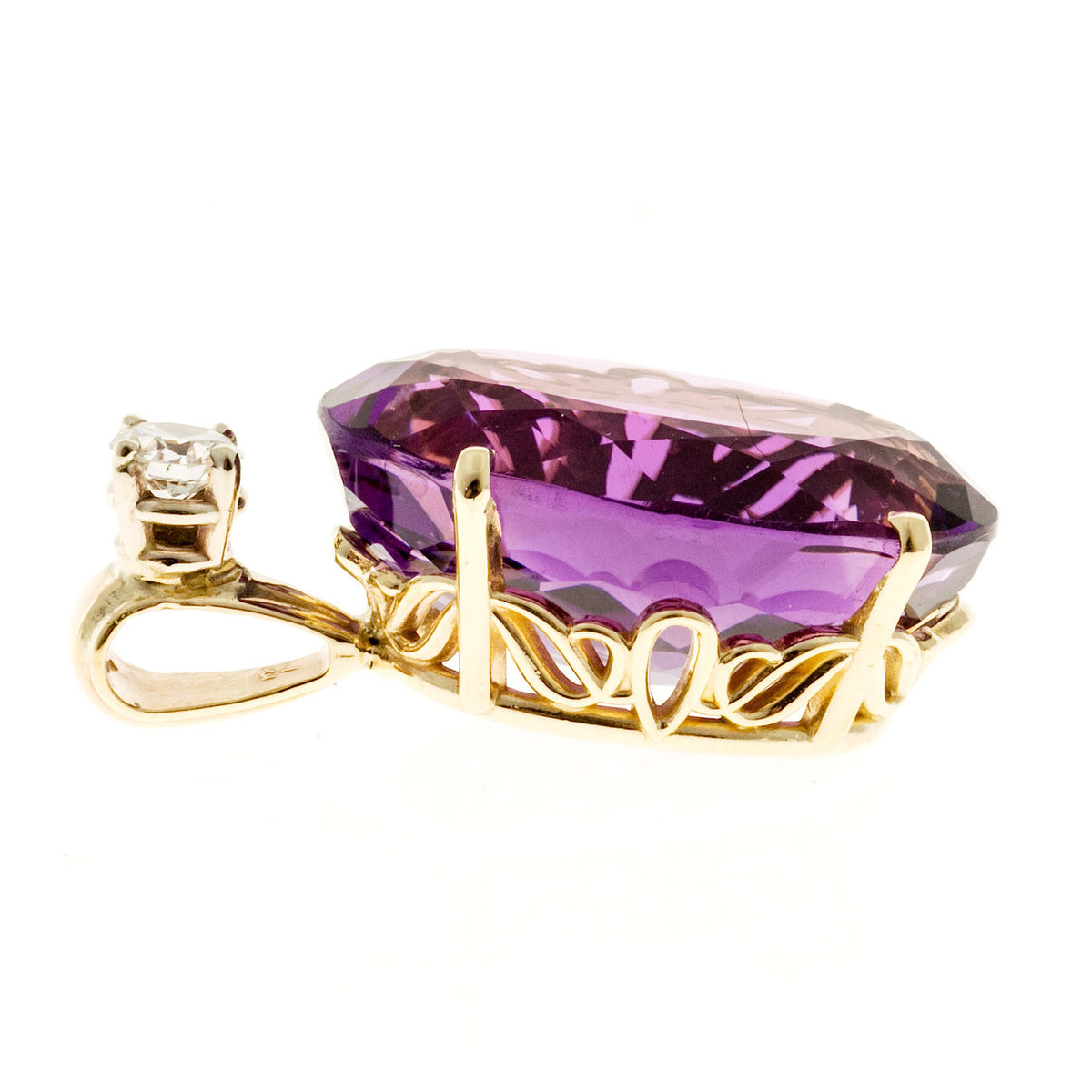 Vintage 23.62CT Fine Bright Clear Amethyst Filigree Diamond Pendant 14K Gold – image 4