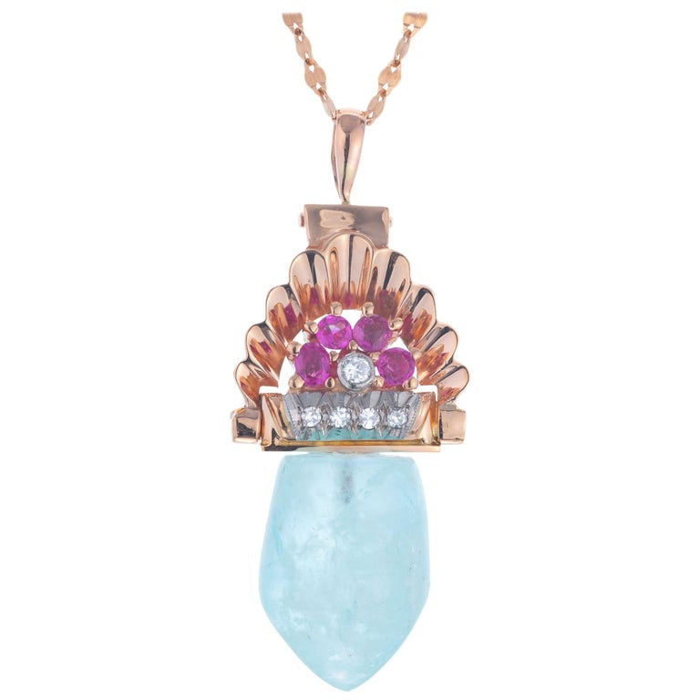 27.00 Carat Aqua Antique Retro Art Deco Rose Gold Ruby Diamond Pendant Necklace