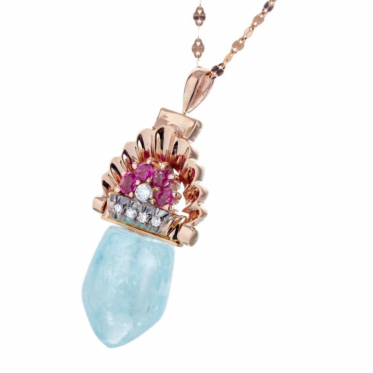27.00 Carat Aqua Antique Retro Art Deco Rose Gold Ruby Diamond Pendant Necklace – image 2
