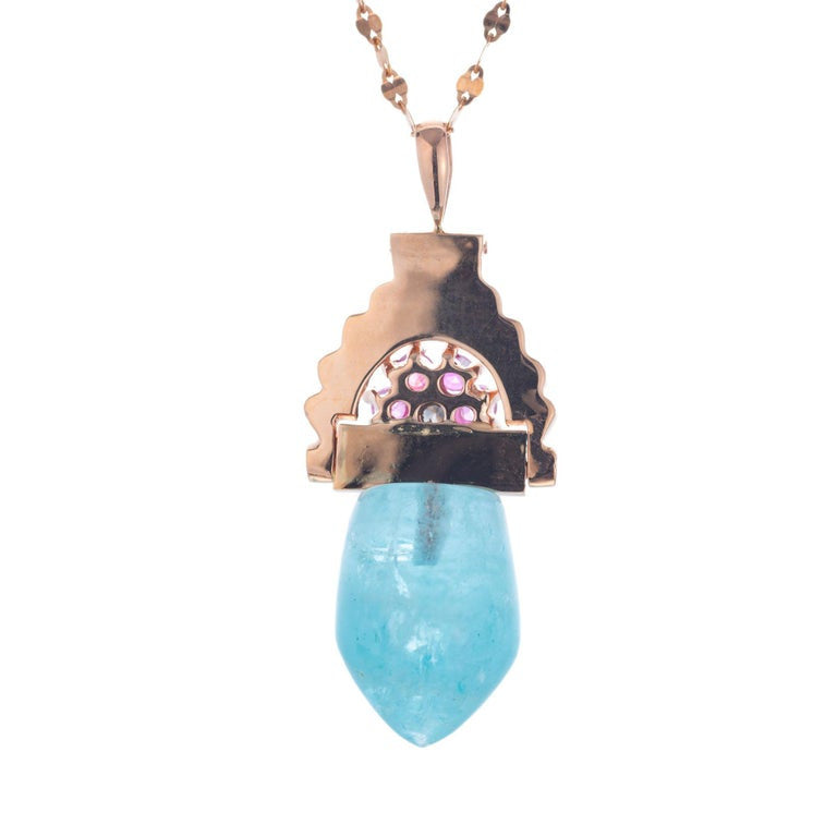 27.00 Carat Aqua Antique Retro Art Deco Rose Gold Ruby Diamond Pendant Necklace – image 3