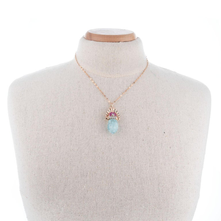 27.00 Carat Aqua Antique Retro Art Deco Rose Gold Ruby Diamond Pendant Necklace – image 5