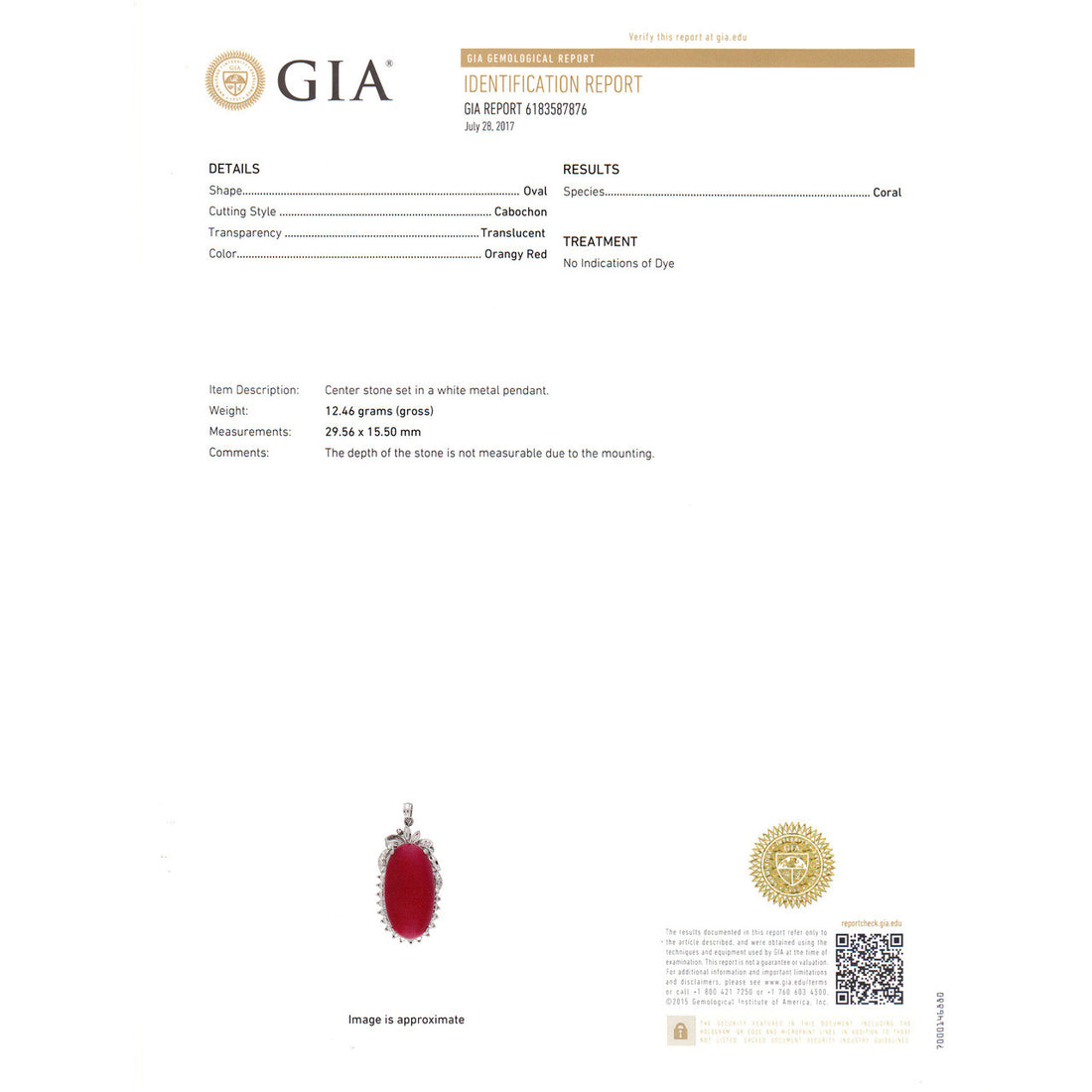 GIA Certified Orange Red Coral White Gold Pendant – image 6