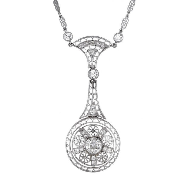 .99 Carat Old European Diamond Platinum Victorian  Filigree Pendant Necklace
