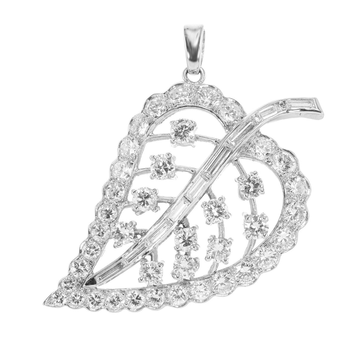 2.38 Carat Round Baguette Diamond Platinum Leaf Pendant