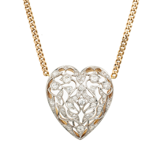 1.80 Carat Old European Diamond Gold Open Work Platinum Heart Pendant Necklace