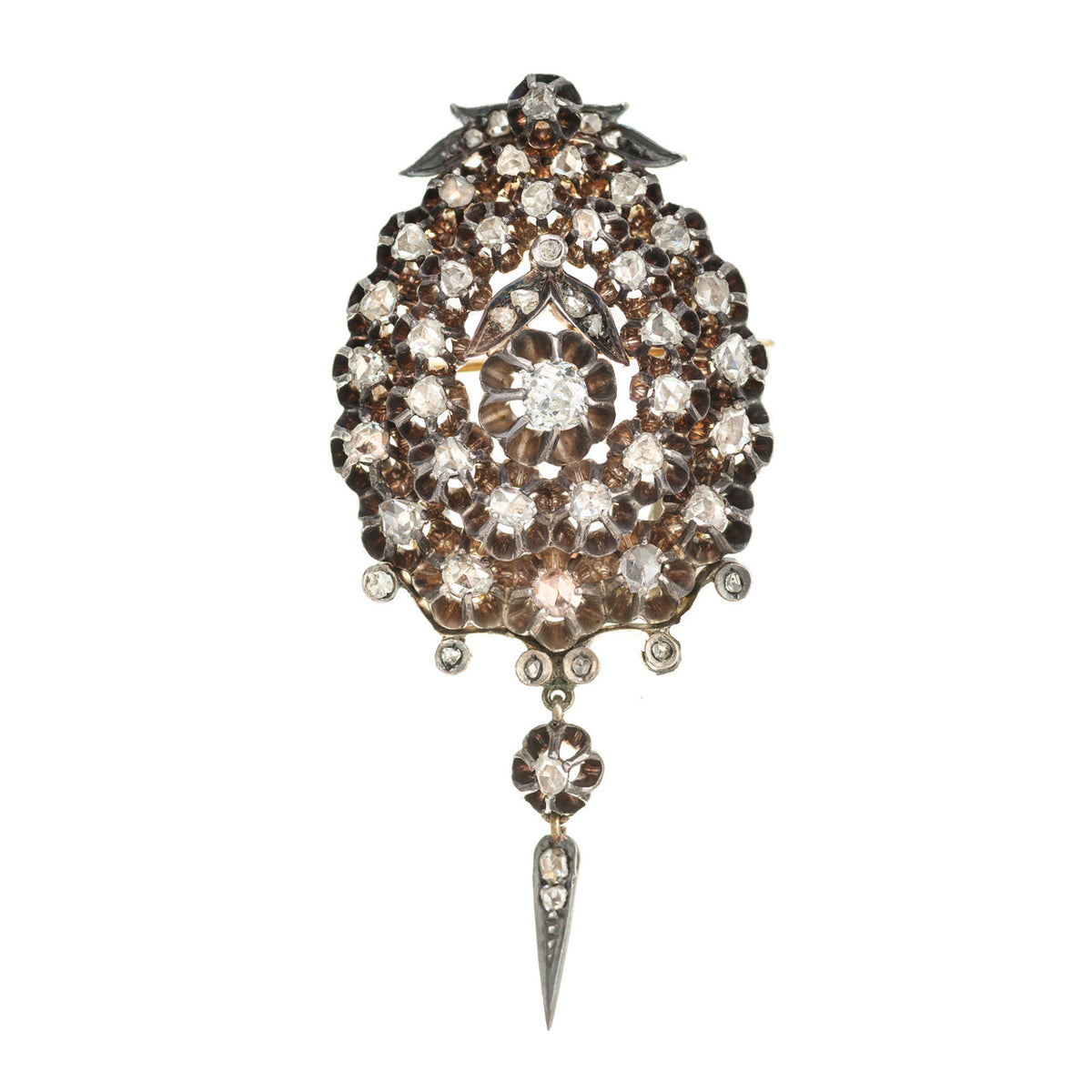 1.84 Carat Rose Cut Diamond Silver Gold Victorian Brooch Pendant