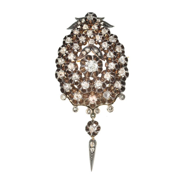 1.84 Carat Rose Cut Diamond Silver Gold Victorian Brooch Pendant