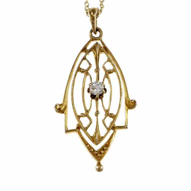 Vintage Art Deco Diamond Pendant Necklace 14k Yellow Gold