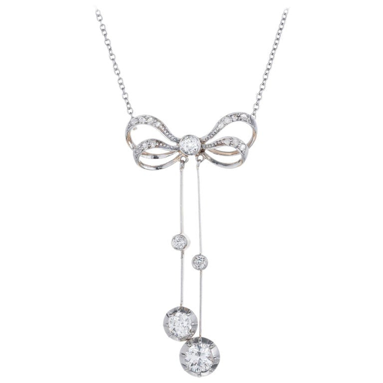 1.00 Carat Diamond Platinum Yellow Gold Victorian Bow Pendant Necklace
